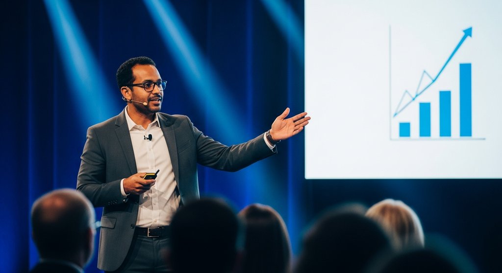 Ein Head of SEO hält einen Vortrag über Wachstumsstrategien auf einer Konferenz.