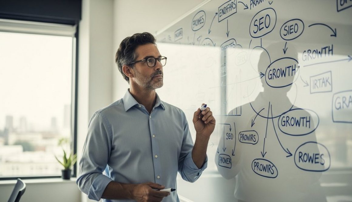 Ein Head of SEO plant an einem Whiteboard die SEO-Strategie zur Steigerung der Sichtbarkeit.