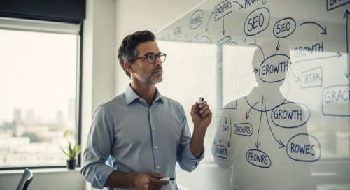 Ein Head of SEO plant an einem Whiteboard die SEO-Strategie zur Steigerung der Sichtbarkeit.
