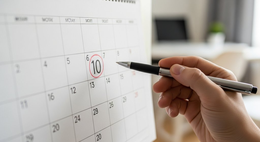 Ein Kalender zeigt die Frist zur Abgabe der Umsatzsteuervoranmeldung am 10. des Monats.