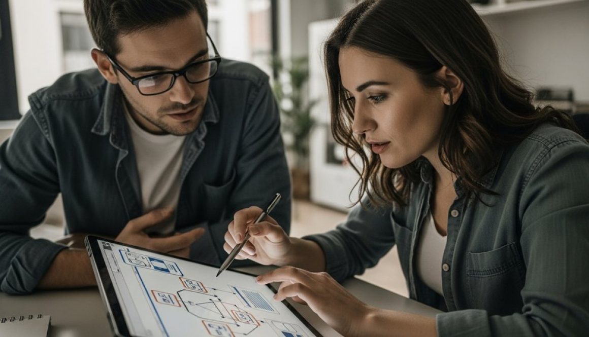 Ein Marketing-Manager und ein Entwickler analysieren die technische SEO-Struktur einer Website.