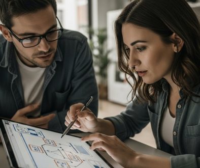 Ein Marketing-Manager und ein Entwickler analysieren die technische SEO-Struktur einer Website.