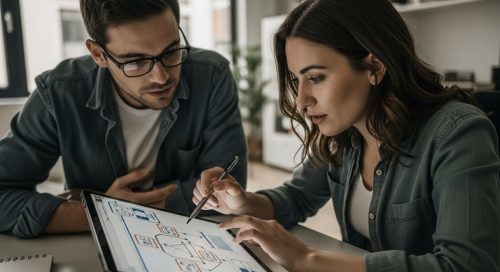 Ein Marketing-Manager und ein Entwickler analysieren die technische SEO-Struktur einer Website.