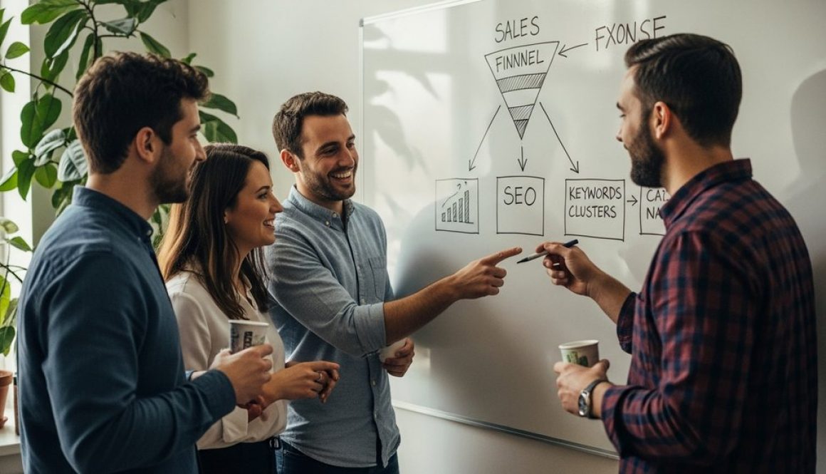 Ein Marketing-Team arbeitet in einem Meeting an einer Inhouse SEO-Checkliste auf einem Whiteboard.