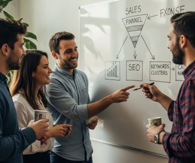 Ein Marketing-Team arbeitet in einem Meeting an einer Inhouse SEO-Checkliste auf einem Whiteboard.
