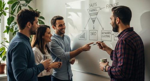 Ein Marketing-Team arbeitet in einem Meeting an einer Inhouse SEO-Checkliste auf einem Whiteboard.