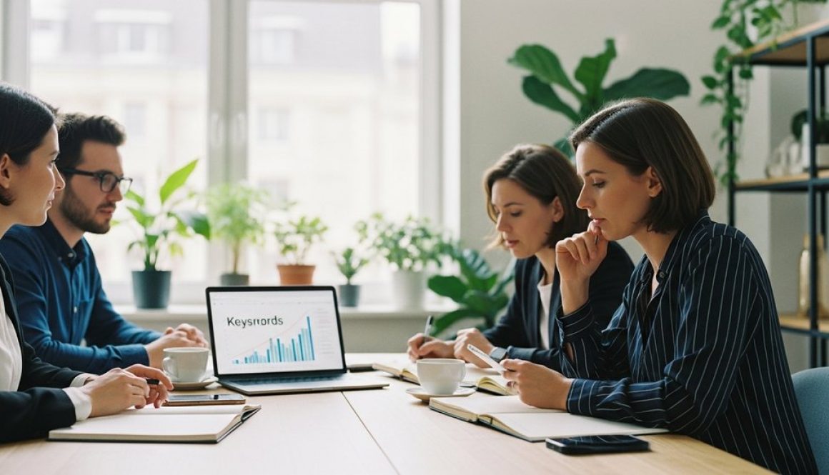 Ein Marketing-Team führt eine strategische Inhouse Keyword-Recherche in einem modernen Büro durch.