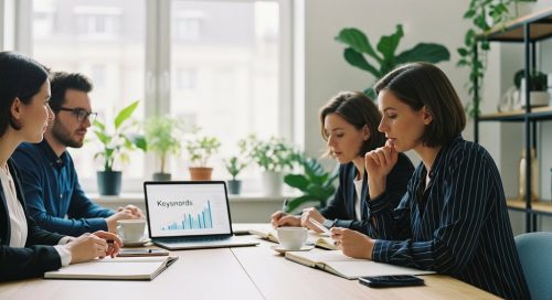 Ein Marketing-Team führt eine strategische Inhouse Keyword-Recherche in einem modernen Büro durch.