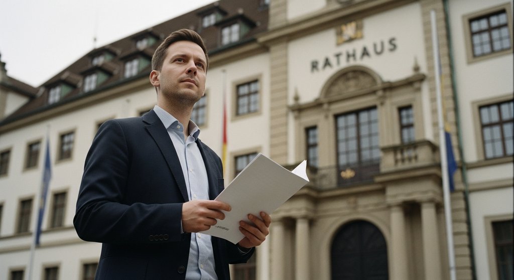 Ein selbstständiger Gewerbetreibender vor einem amtlichen Gebäude nach erfolgreicher Gewerbeanmeldung als Freelancer.