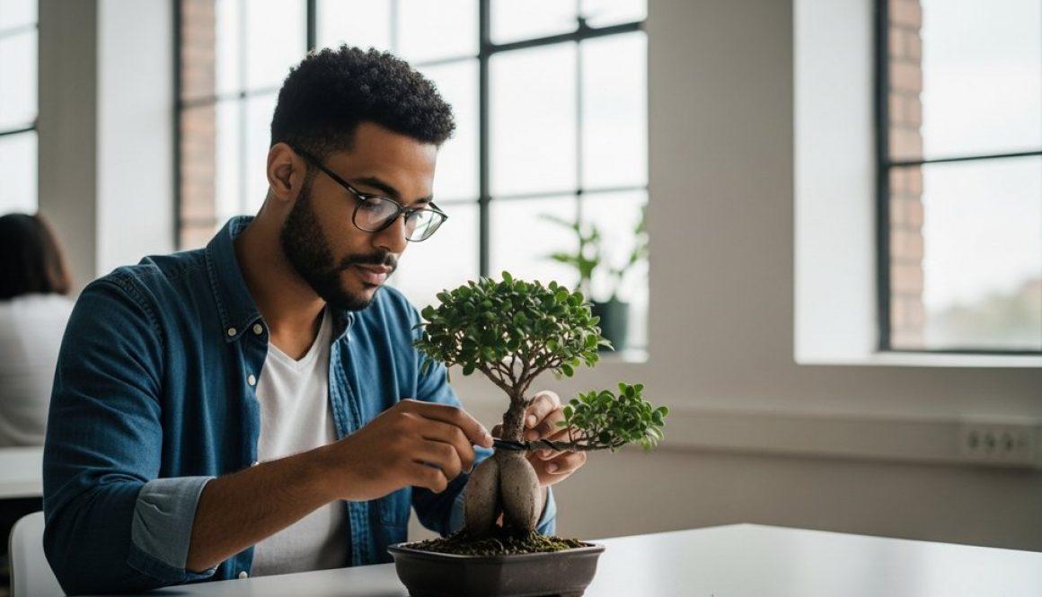 Ein SEO Manager pflegt in einem modernen Büro einen Bonsai-Baum, als Symbol für nachhaltiges Inhouse SEO-Wachstum.