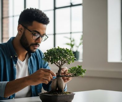 Ein SEO Manager pflegt in einem modernen Büro einen Bonsai-Baum, als Symbol für nachhaltiges Inhouse SEO-Wachstum.