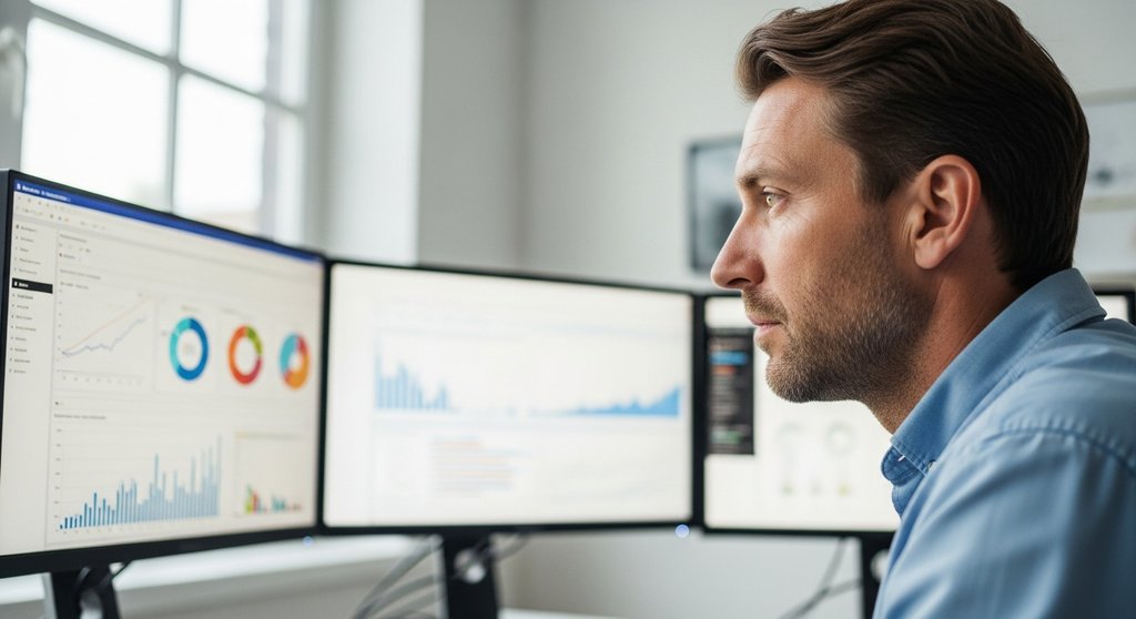 Ein SEO-Stratege, der konzentriert auf mehrere Monitore mit Daten-Dashboards blickt. Medium shot of a focused man in his late 30s with visible skin texture, sitting in a modern, minimalist office. He is analyzing complex charts and graphs on three monitors. The lighting is soft and natural, coming from a large window. The background is slightly blurred (depth of field), suggesting a busy but organized environment. The mood is one of intense concentration and strategic thinking. Shot on a DSLR camera with a 50mm lens, true-to-life colors, slight film grain.