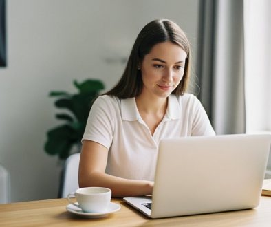 Eine Freelancerin beantragt am Laptop ihre Steuernummer und startet in die Selbstständigkeit.