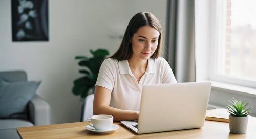 Eine Freelancerin beantragt am Laptop ihre Steuernummer und startet in die Selbstständigkeit.