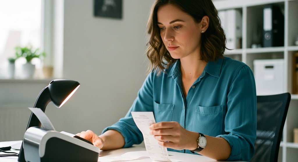 Eine Freelancerin scannt einen Beleg zur digitalen Erfassung ihrer Betriebsausgaben.