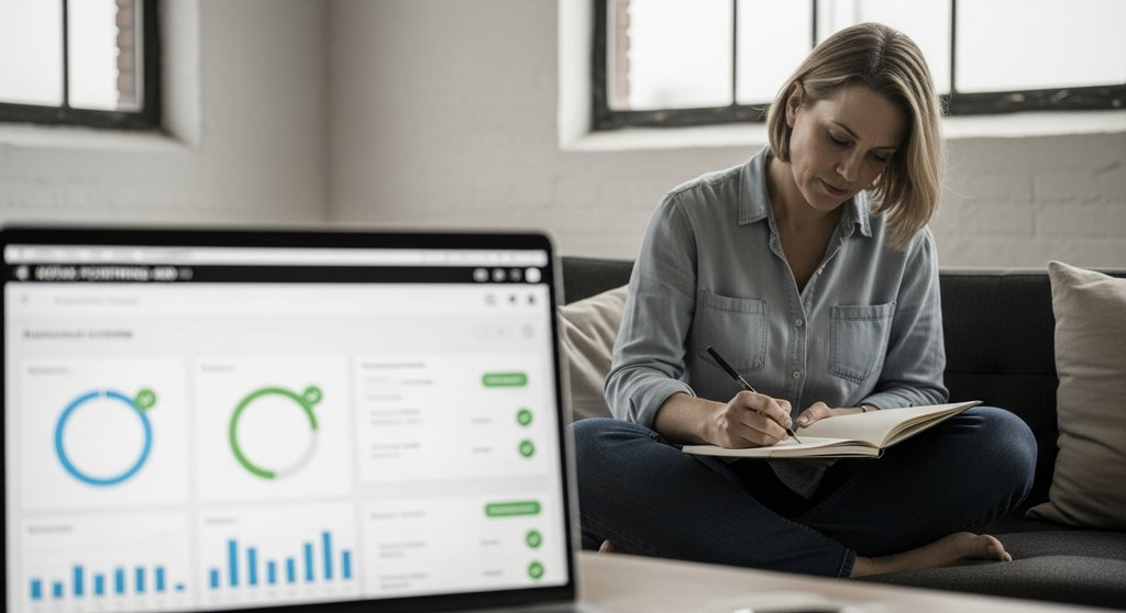 Eine Freiberuflerin arbeitet entspannt, während eine Buchhaltungssoftware im Hintergrund die Finanzen automatisiert.