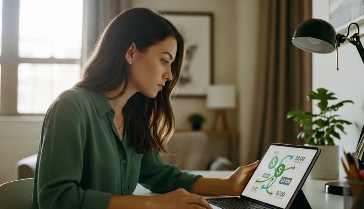 Eine Freiberuflerin prüft am Schreibtisch ihre Finanzen und informiert sich über die Umsatzsteuer.