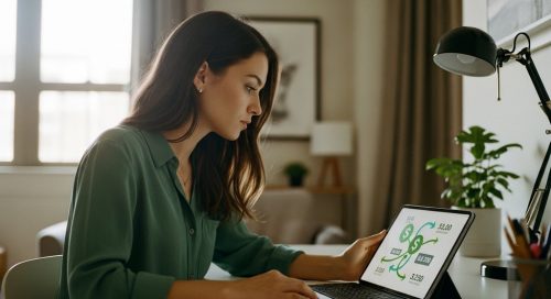 Eine Freiberuflerin prüft am Schreibtisch ihre Finanzen und informiert sich über die Umsatzsteuer.