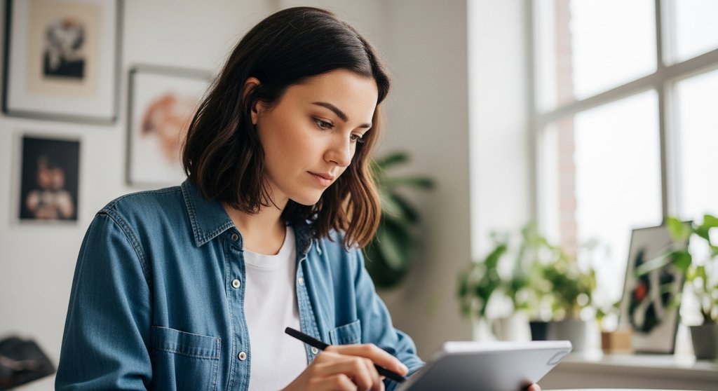 Eine freiberufliche Designerin bei der konzentrierten Arbeit am Tablet als Symbol für die Anmeldung als Freiberufler beim Finanzamt.