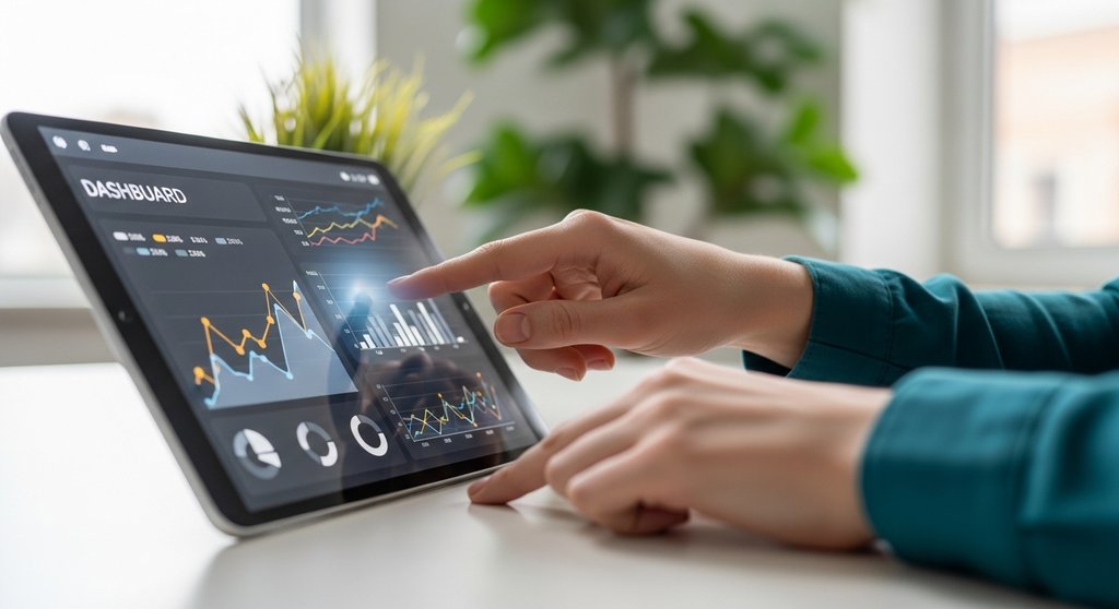 Eine Person analysiert SEO-Erfolgsdaten auf einem Tablet in einem modernen Büro.