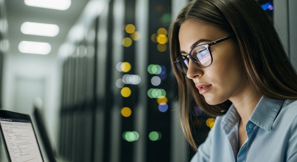 Eine SEO-Spezialistin, die Code auf einem Laptop prüft, im Hintergrund eine Server-Rack-Wand. Environmental portrait of a focused woman in her early 30s inspecting lines of code on her laptop screen. She's sitting in a data center with softly lit server racks creating a bokeh background. The reflection of the code is visible in her glasses. The shot is a medium shot, conveying a sense of expertise and technical depth. Editorial style photography, shot on analog film, Kodak Portra 400 style, muted tones.