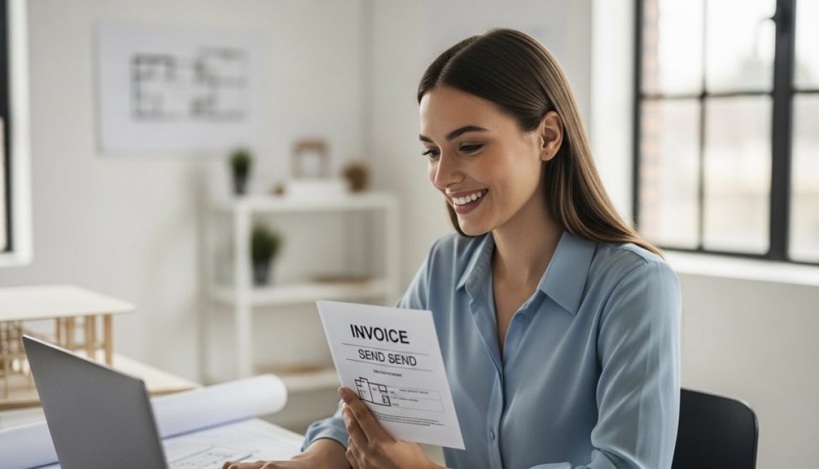 Eine zufriedene Freelancerin hat soeben eine korrekte Rechnung geschrieben und versendet.