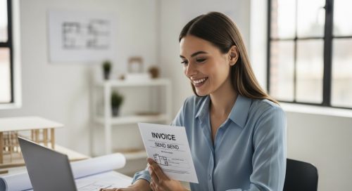Eine zufriedene Freelancerin hat soeben eine korrekte Rechnung geschrieben und versendet.