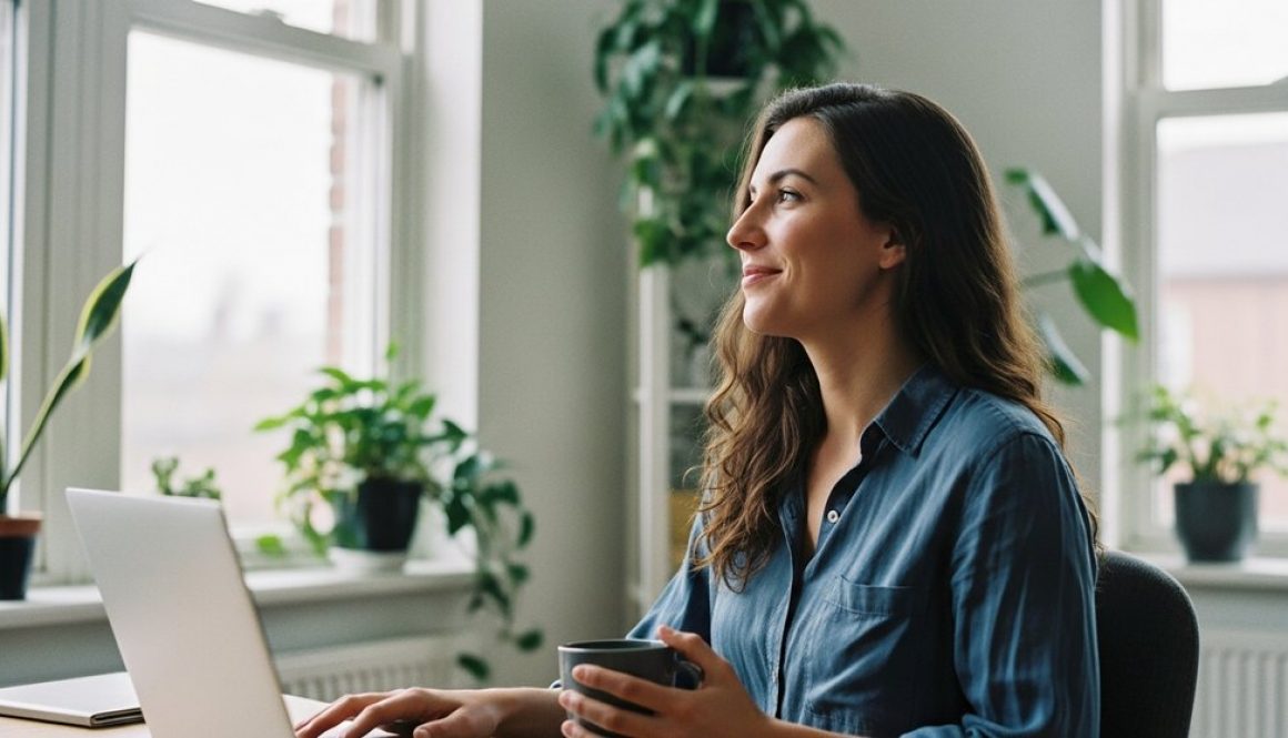 Entspannte Freiberuflerin in ihrem Büro, die finanzielle Freiheit durch ein passendes Geschäftskonto für Selbstständige genießt.