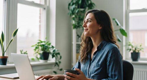 Entspannte Freiberuflerin in ihrem Büro, die finanzielle Freiheit durch ein passendes Geschäftskonto für Selbstständige genießt.