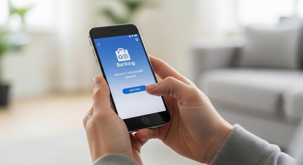 Erfolgreiche Online-Kontoeröffnung auf einem Smartphone mit Bestätigungsnachricht.