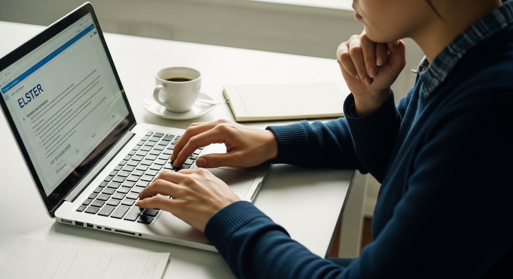 Freelancer füllt konzentriert den Fragebogen zur steuerlichen Erfassung am Laptop aus, um seine Steuernummer zu beantragen.