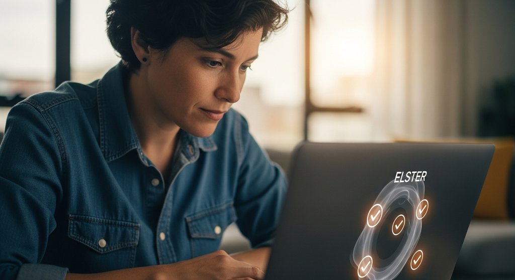 Freelancer schließt erfolgreich seine digitale Steuererklärung am Laptop ab.