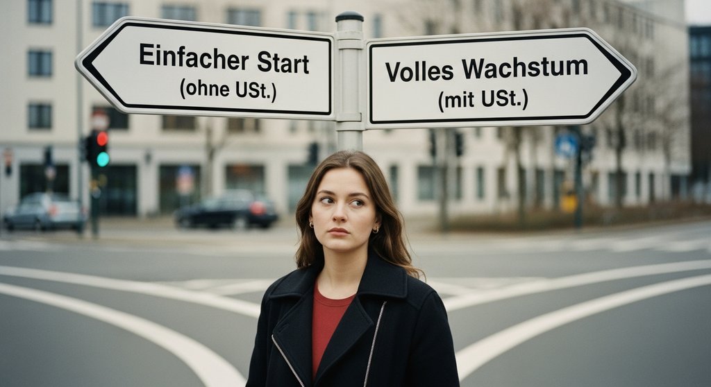 Freelancerin am Scheideweg, die sich zwischen Kleinunternehmerregelung und Regelbesteuerung entscheiden muss.