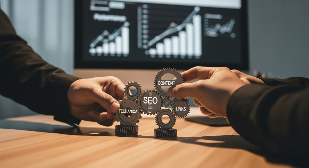 Hände justieren ein Getriebesystem, eine Metapher für die Feinabstimmung beim SEO-Audit.