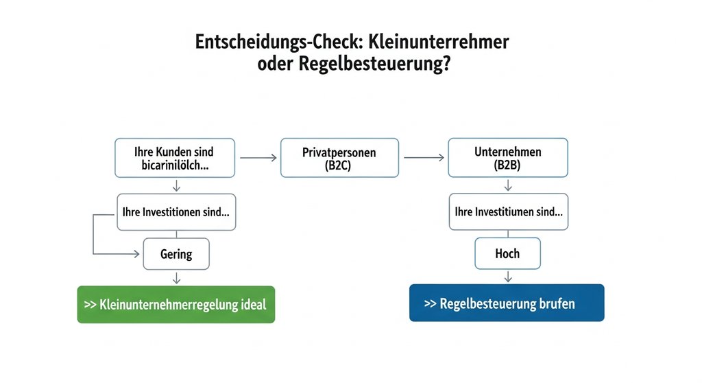 Infografik als Entscheidungshilfe: Kleinunternehmerregelung vs. Regelbesteuerung für Freiberufler.