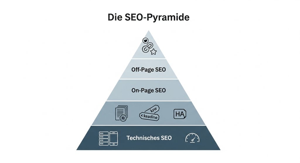 Infografik der SEO-Pyramide mit den drei Ebenen Technisches SEO, On-Page SEO und Off-Page SEO.