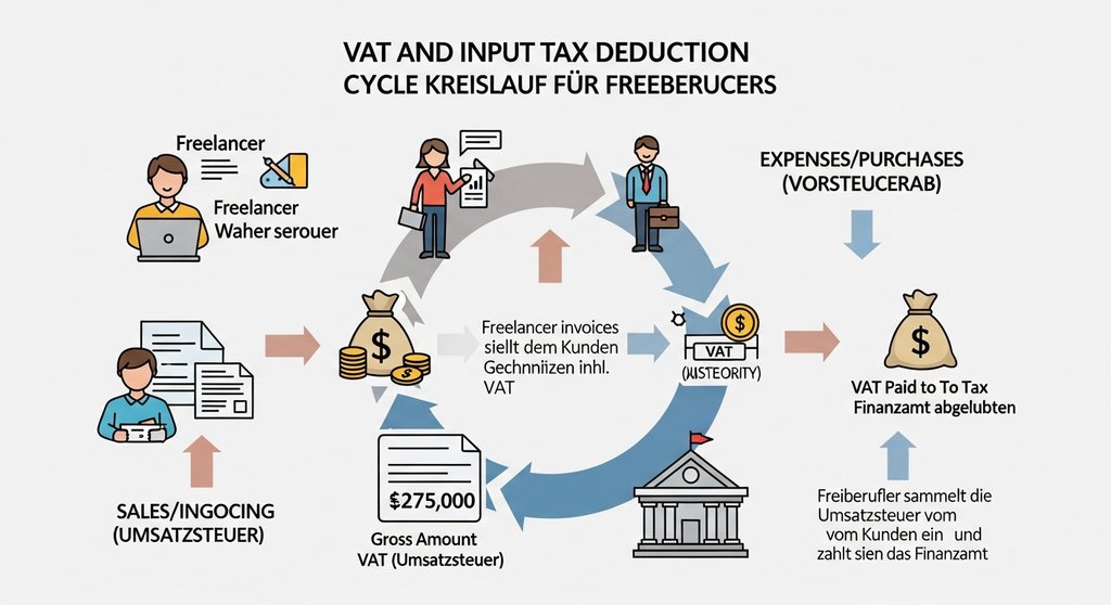 Infografik, die den Kreislauf von Umsatzsteuer und Vorsteuerabzug für Freiberufler erklärt.