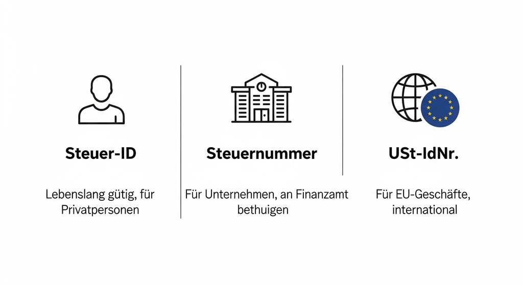 Infografik, die den Unterschied zwischen Steuer-ID, Steuernummer und Umsatzsteuer-ID erklärt.