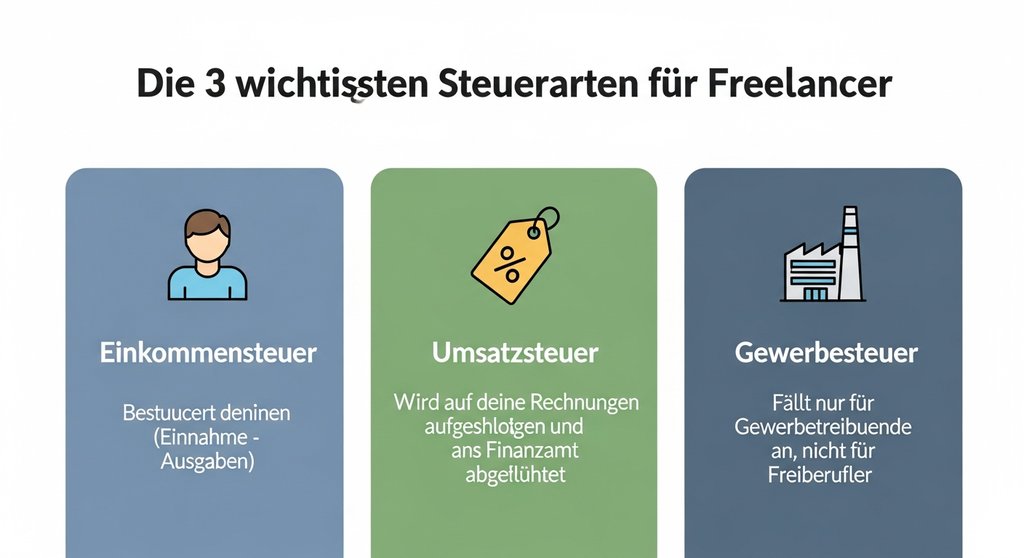 Infografik, die die drei Steuerarten für Freelancer erklärt: Einkommensteuer, Umsatzsteuer und Gewerbesteuer.