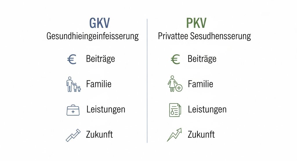 Infografik, die die Krankenversicherung für Selbstständige in GKV und PKV vergleicht. Eine klare und minimalistische Infografik im Editorial Design. Die Grafik ist vertikal in zwei Hälften geteilt: links 