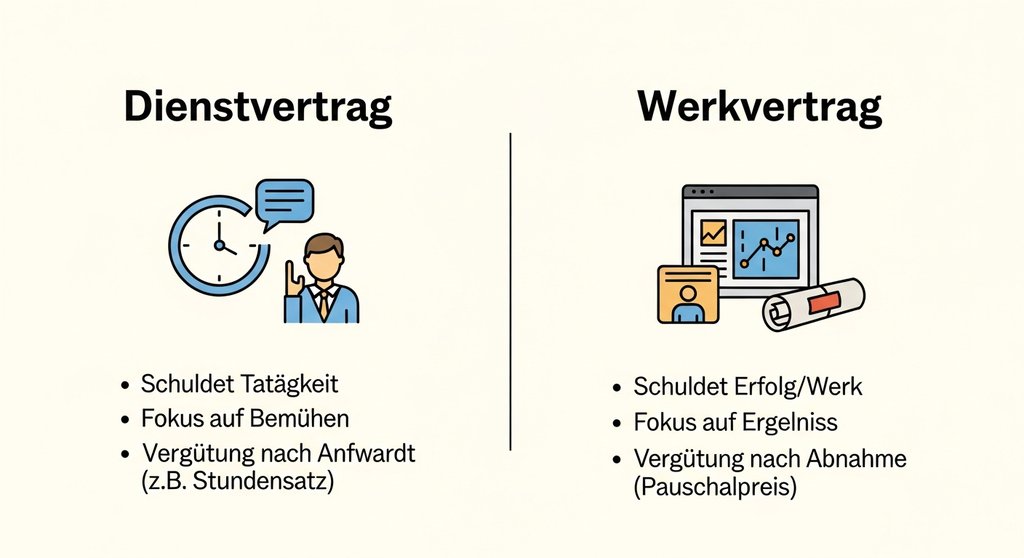 Infografik, die die Unterschiede zwischen einem Dienstvertrag und einem Werkvertrag für Freelancer erklärt.