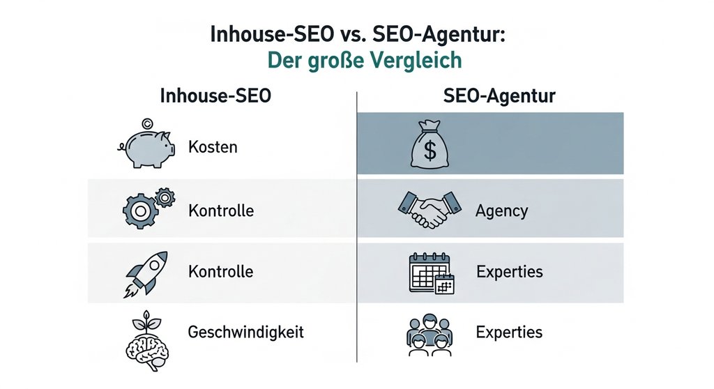 Infografik, die die Vor- und Nachteile von Inhouse-SEO im Vergleich zur SEO-Agentur gegenüberstellt.