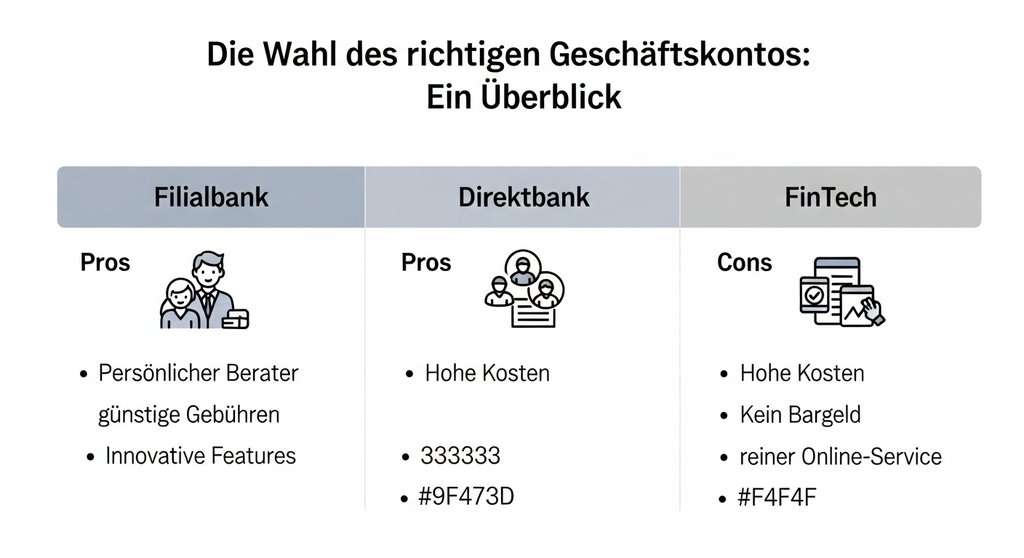 Infografik, die Filialbanken, Direktbanken und FinTechs als Optionen für ein Freiberufler-Geschäftskonto vergleicht.