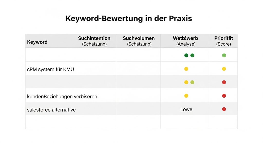 Infografik einer Excel-Tabelle zur Priorisierung von Keywords nach Relevanz, Suchvolumen und Wettbewerb.