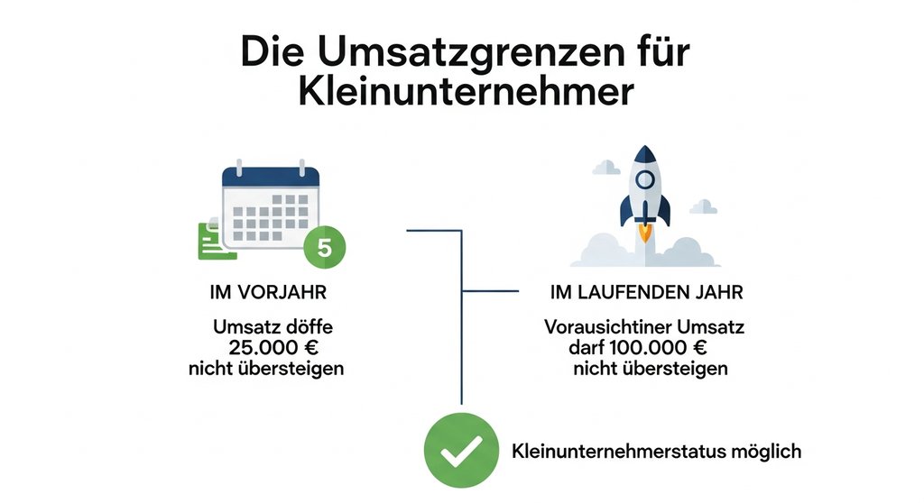 Infografik erklärt die Umsatzgrenzen der Kleinunternehmerregelung: unter 25.000 Euro im Vorjahr und 100.000 Euro im laufenden Jahr.