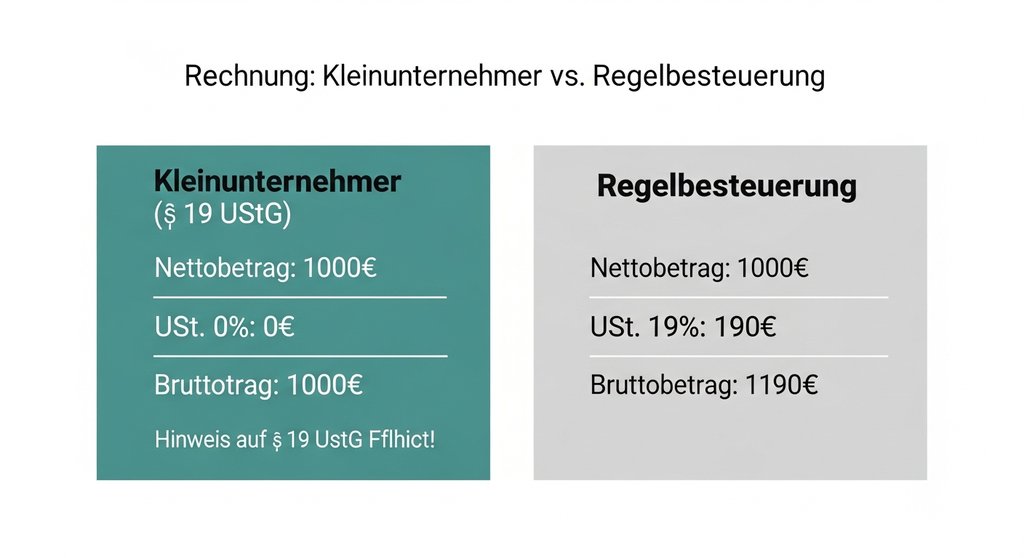 Infografik: Vergleich der Rechnungsstellung als Kleinunternehmer und bei Regelbesteuerung.