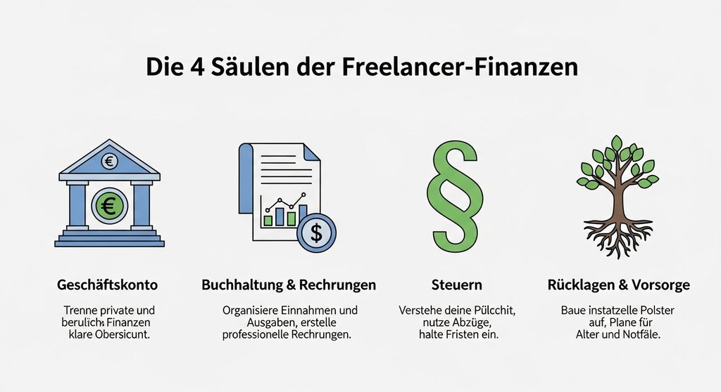 Infografik zu den vier Säulen der Finanzen für Freelancer: Geschäftskonto, Buchhaltung, Steuern und Vorsorge.