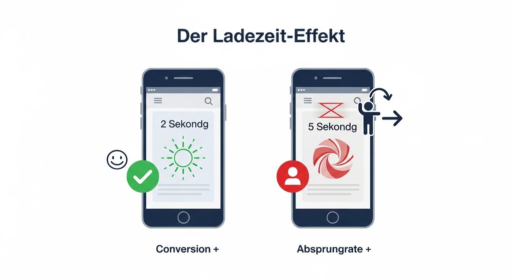 Infografik zum Einfluss der Website-Ladezeit auf Conversion und Absprungrate.