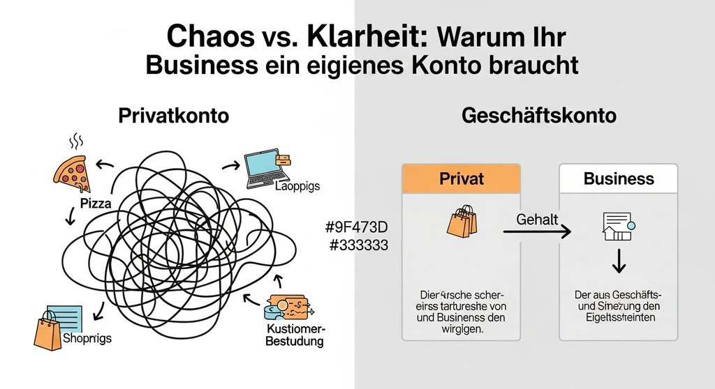 Infografik zum Vergleich eines gemischten Privatkontos mit der klaren Struktur durch ein separates Geschäftskonto für Freiberufler.