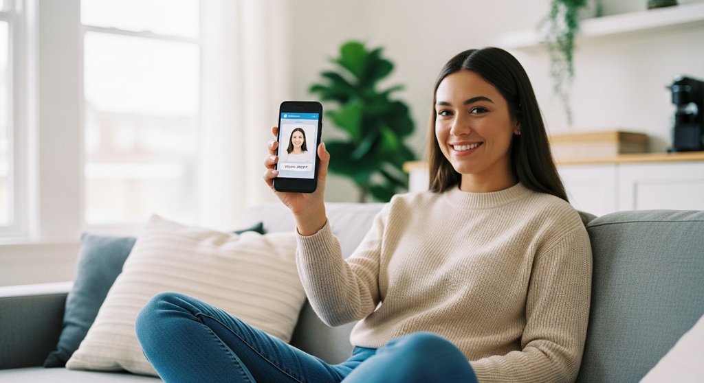Junge Freelancerin eröffnet ihr Geschäftskonto einfach und schnell per Video-Ident Verfahren am Smartphone.